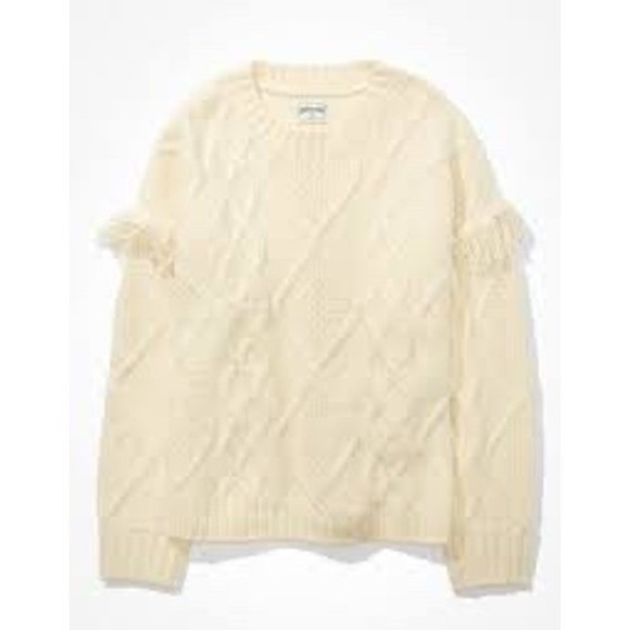 American Eagle cream cable Knit fringe sleeve‎ sweater women's size XS trendy - Picture 2 of 8